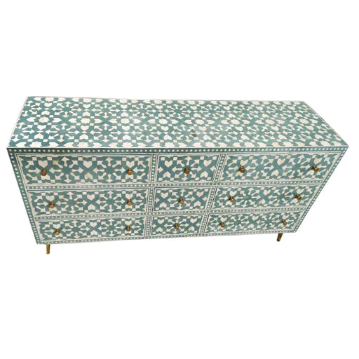 Bone Inlay Moroccan 9-Drawer Sideboard with Brass - Aqua