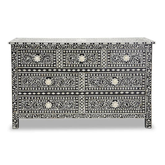 Bone Inlay Floral Chest 7-Drawers - Black