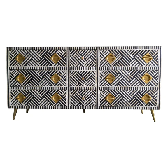 Bone Inlay Criss-Cross Stripe 9-Drawer Sideboard with Brass - Black