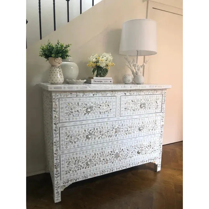 Mother of Pearl Floral Chest 4-Drawers - White