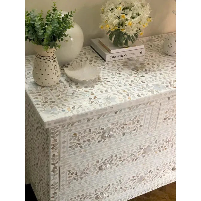 Mother of Pearl Floral Chest 4-Drawers - White