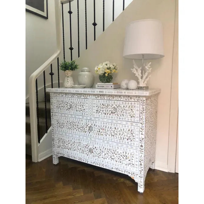 Mother of Pearl Floral Chest 4-Drawers - White