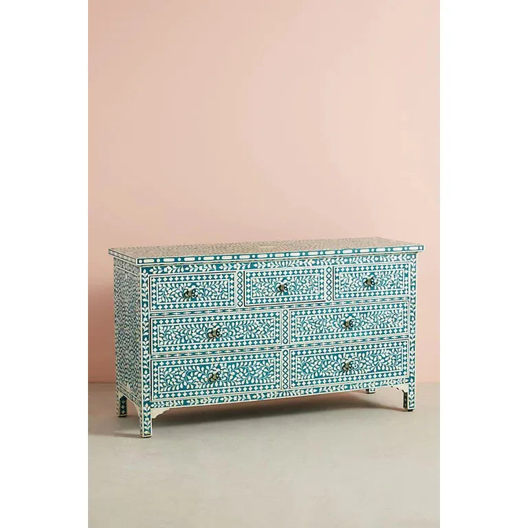 Bone Inlay Floral Chest 7-Drawers - Emerald Green