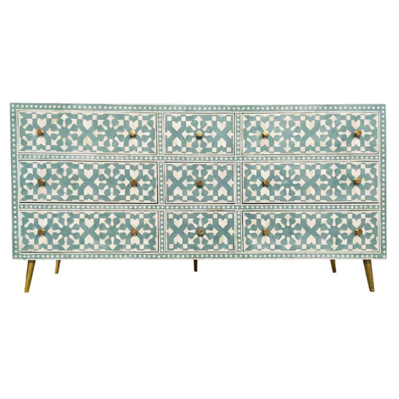 Bone Inlay Moroccan 9-Drawer Sideboard with Brass - Aqua