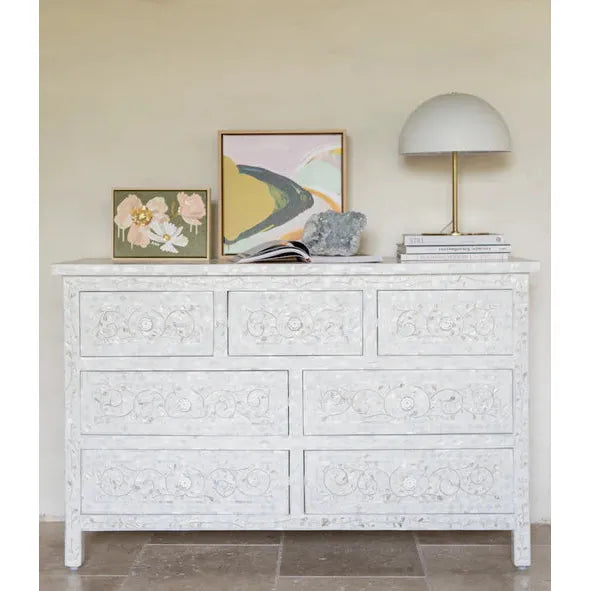 Mother of Pearl Floral Chest 7-Drawers - White