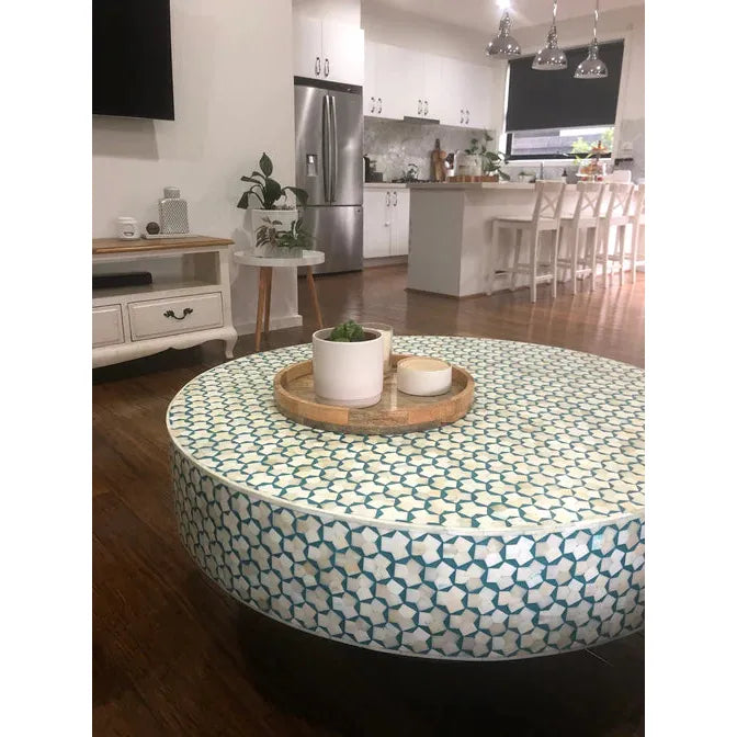 Bone Inlay Coffee Table - Teal and Brass