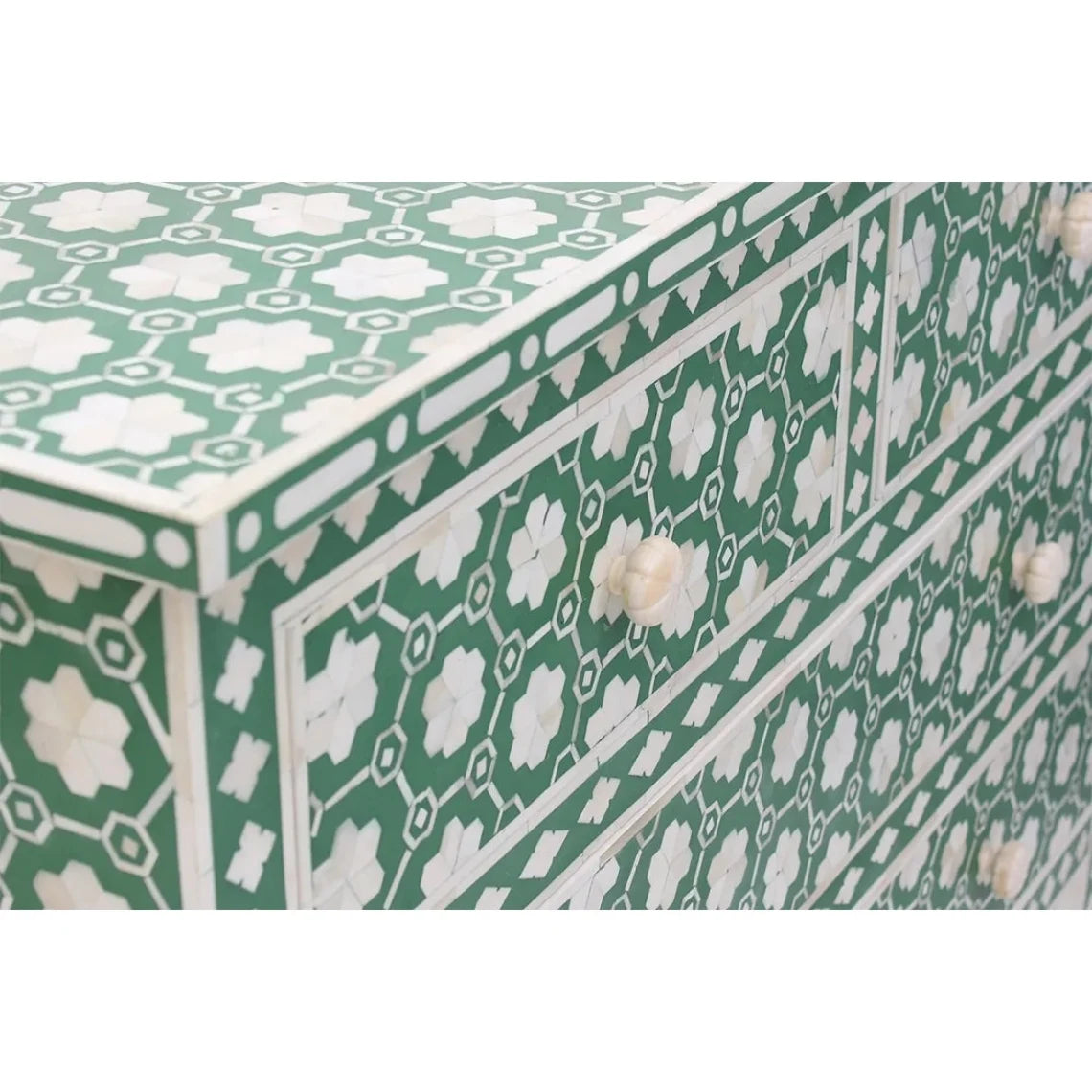 Bone Inlay Teal Floral Chest of 4 Drawers Dresser