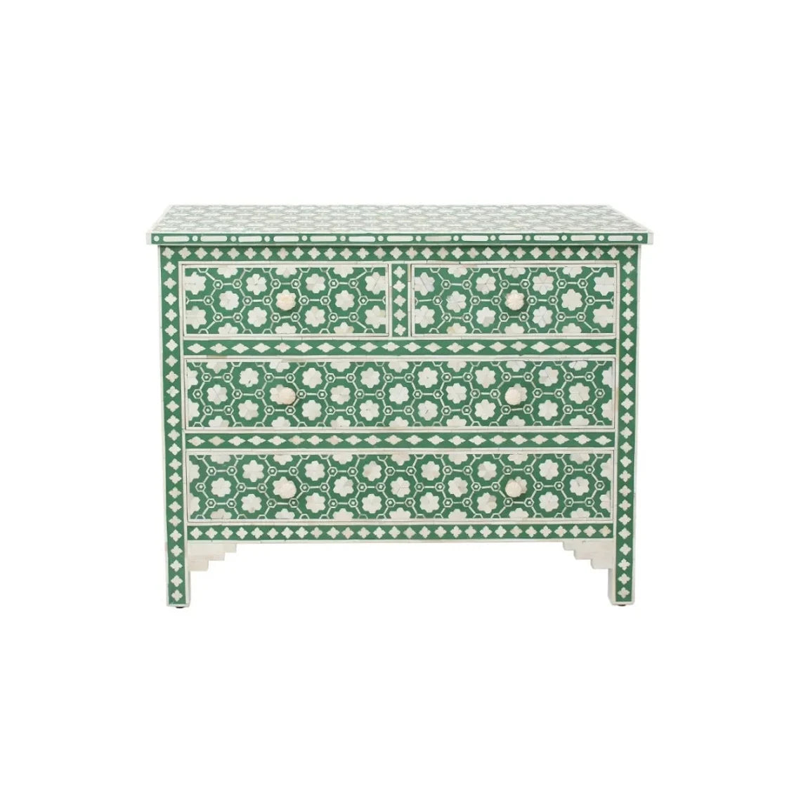 Bone Inlay Teal Floral Chest of 4 Drawers Dresser