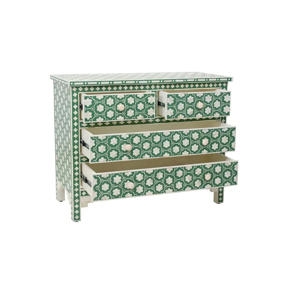 Bone Inlay Teal Floral Chest of 4 Drawers Dresser